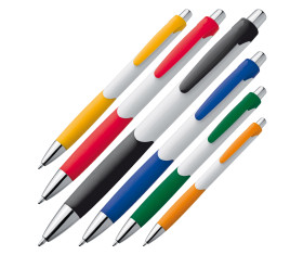 Plastic ball pen with white shaft and rubber grip zone